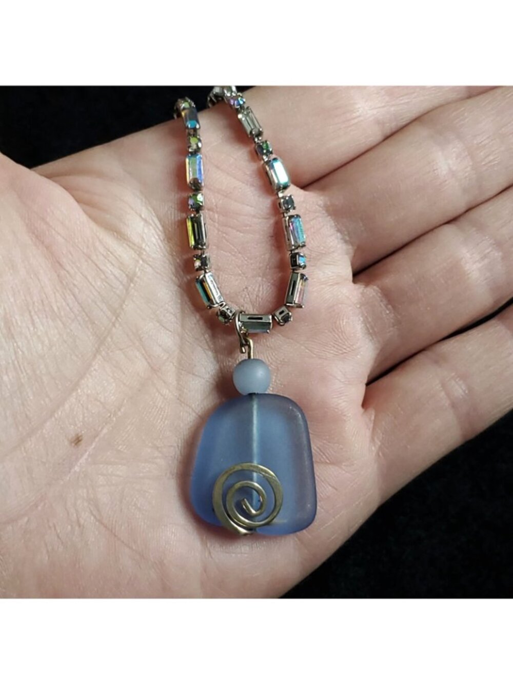 Sea Glass Necklace Blue Silver Tone Aura Borealis Rhinestone 15" - Picture 6 of 8